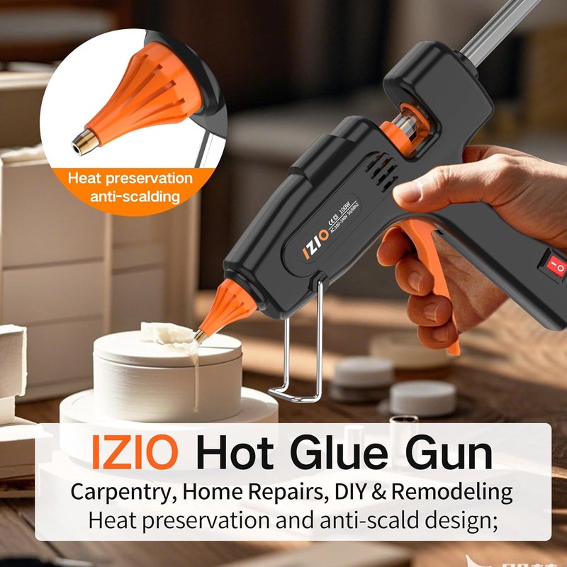 iZiO Professional Hot Glue Gun Kit-100W Fast Heat, 21 Glue Sticks(7/16"), Detachable Anti-Scald Nozzle & Durable Pouch | Heavy lightweight for diy projects, home repairs,ergonomic grip,Black gluegun - Image 3